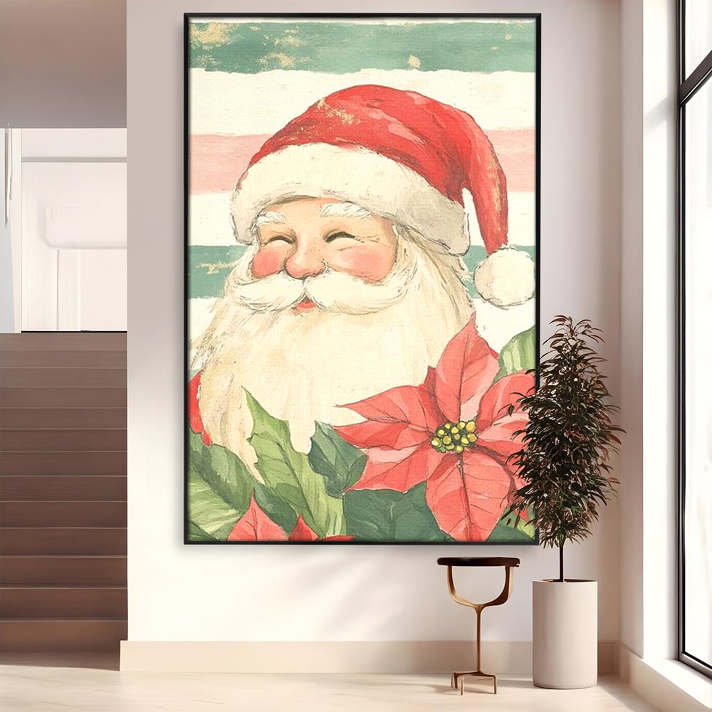 Tablou canvas cu portret ilustrativ cu mos craciun, in rama de aluminiu negru